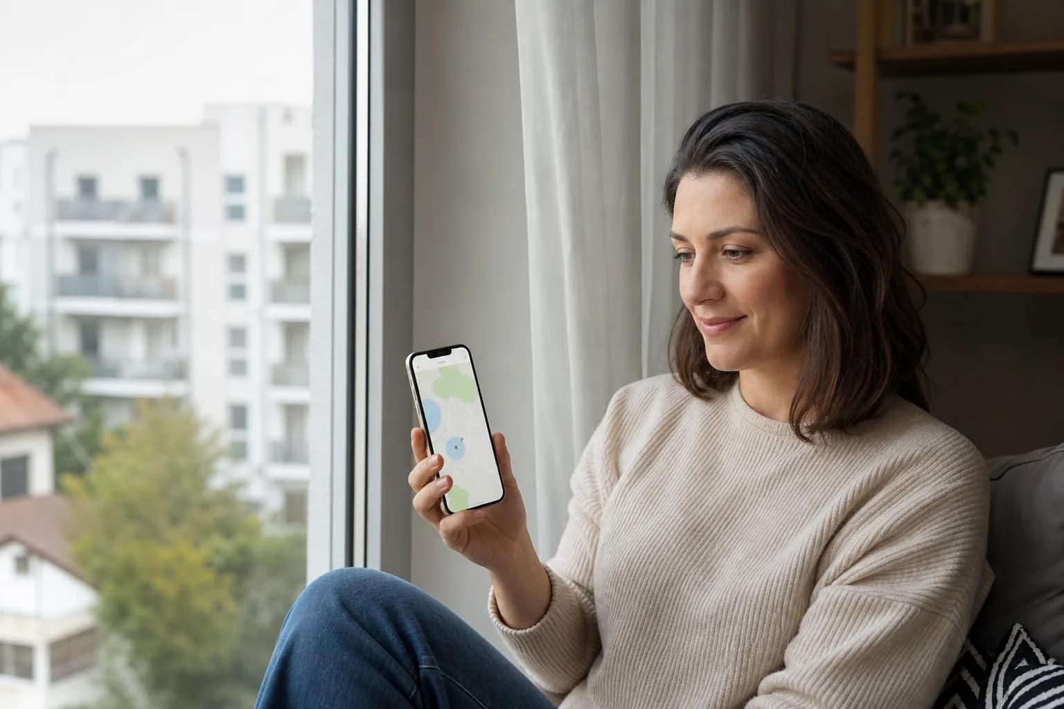 Părinte acasă, uitându-se calm la telefon